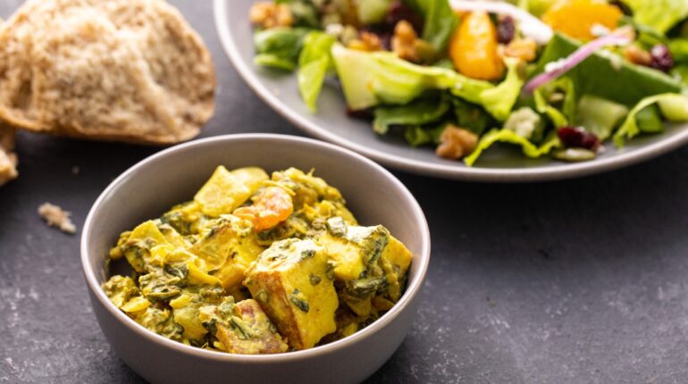 Palak Paneer, Salad, and Rolls from the Deli