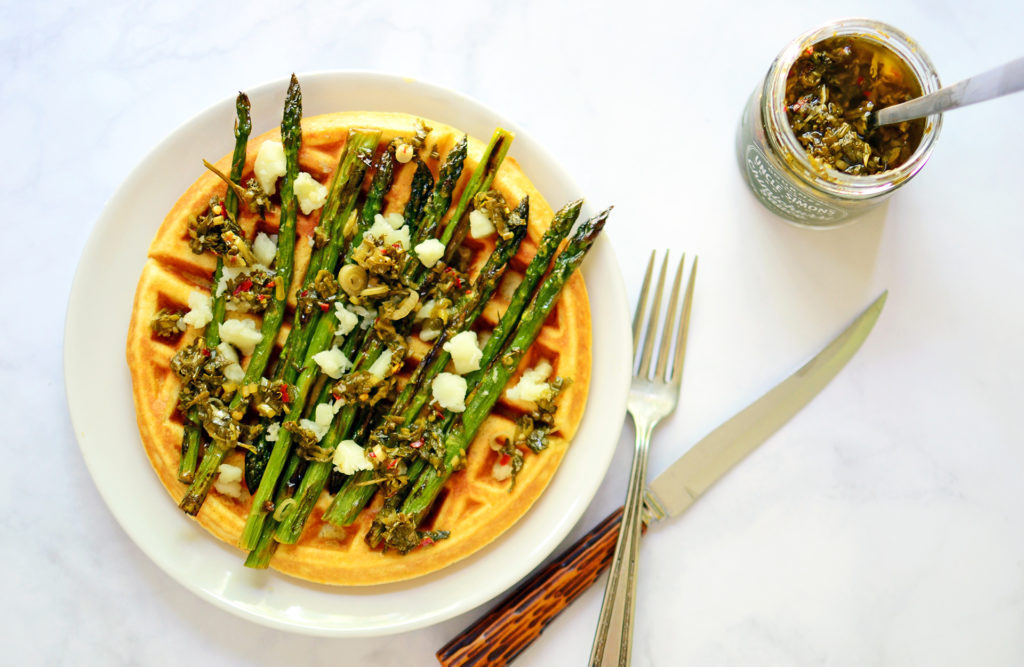 Image for Cornmeal Waffles with Charred Asparagus and Chimichurri