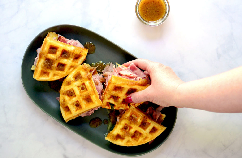 Image for Waffles with Ham, Gruyere and Maple-Mustard-Apple Sauce