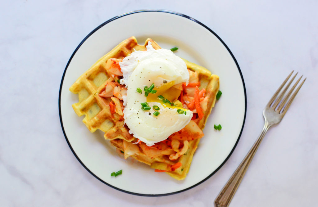 Image for Potato Chive Waffles with Poached Eggs and Kimchi