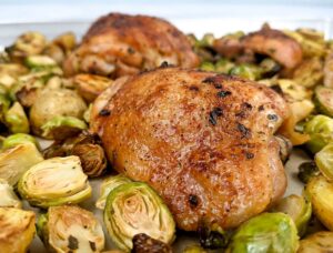 Sheet Pan Chicken Cooked with Brussels