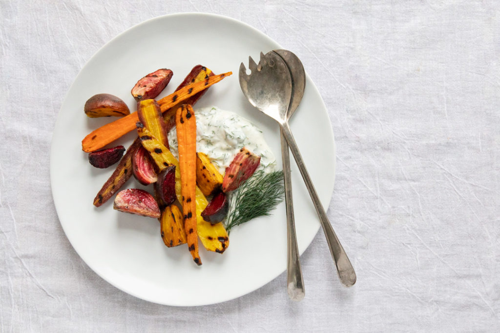 Image for Grilled Brined Carrots and Beets with Yogurt Dill Sauce