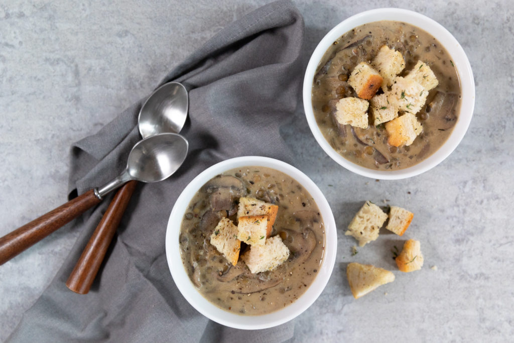 Image for Creamy Mushroom Lentil Soup with Sourdough Croutons