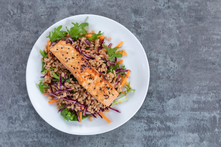 Salmon Farro Salad with Creamy Wasabi Dressing Lakewinds Food Coop