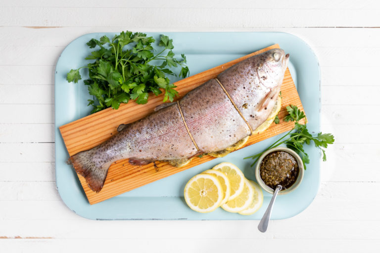 Cedar Plank Trout with Chimichurri Lakewinds Food Coop