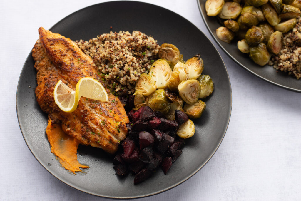 Image for Maurice Wallace’s Southern Blackened Catfish with Sweet Potato Puree and Roasted Beets & Brussels