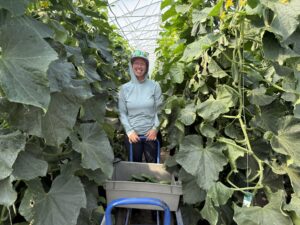 Farmer Becca Pushes a Cart of Cucumbers Through a Greenhouse