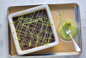 Irish Flapjacks on Tray with Green Chocolate Drizzle