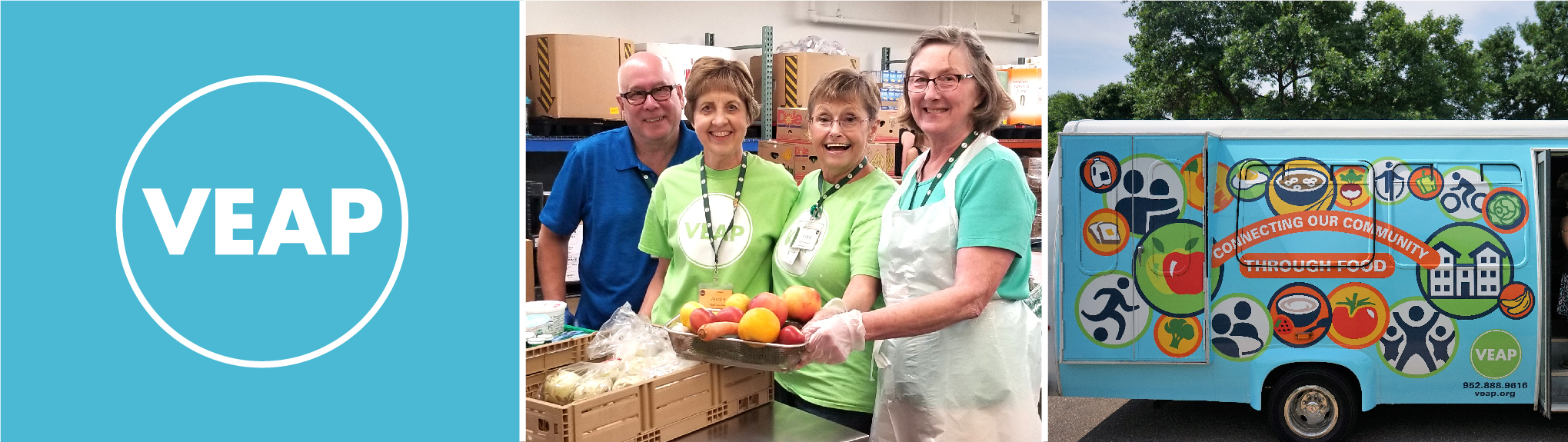 Food Access Partner VEAP Logo, Volunteers Hold Vegetables, Bright VEAP Truck