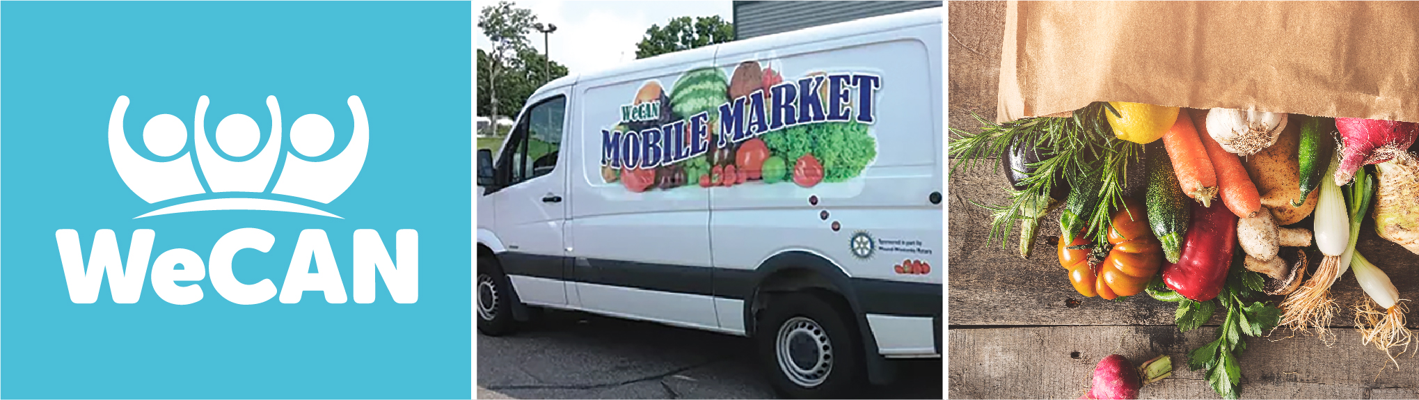 WeCan Logo, Mobile Market Truck, Bag of Vegetables