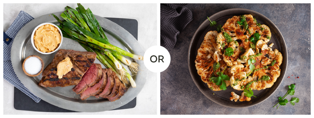 Grilled Steak and Green Onions on the Left, A Grilled Cauliflower Steak on the Right