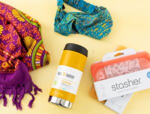 Yellow Klean Kanteen, Orange Stasher, and Purple Linens on Yellow