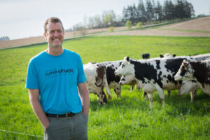 Man Stands In a Field With Cows