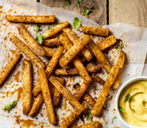 Kohlrabi Fries Spread On a Cutting Board