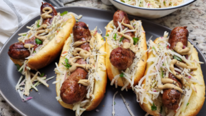 Kohlrabi Slaw on Turkey Brats