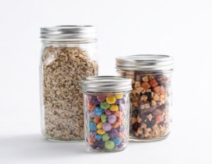Glass Jars with Oats, Candy, Trail Mix
