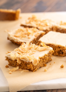 Kernza pumpkin bars with toasted coconut on top