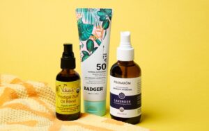 Reef-Safe Sunscreen, Refreshing Hydrosol, and Prodigal Sun on a Yellow Background