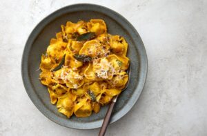 Pumpkin Tortellini on a Gray Bowl